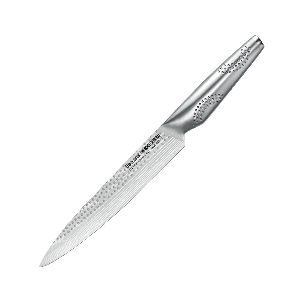 A sharp knife rests beside sliced raw fish on a slate board silver kitchen knife 20cm - Baccarat