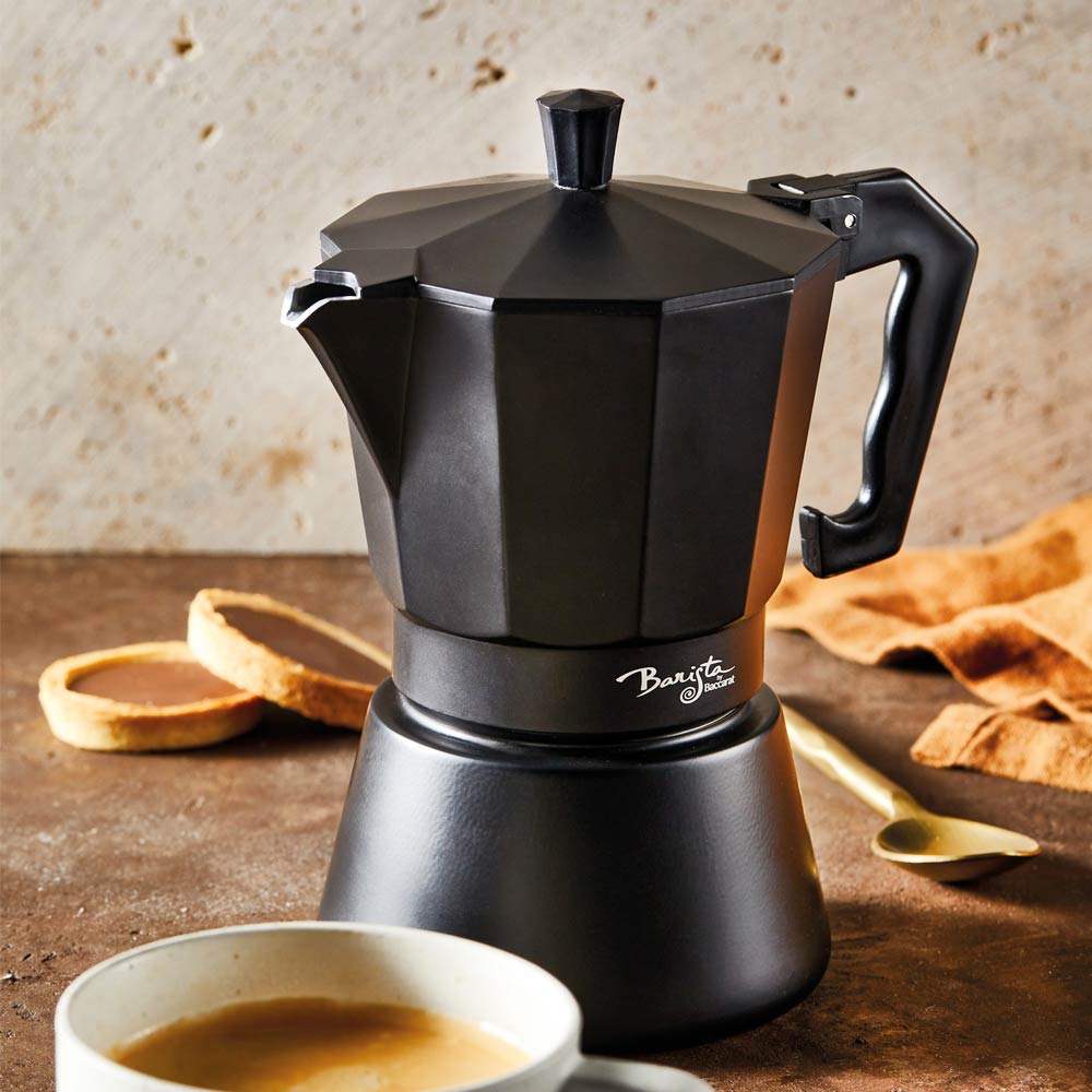 Sleek black stovetop espresso maker with a glossy finish and classic octagonal shape - Baccarat