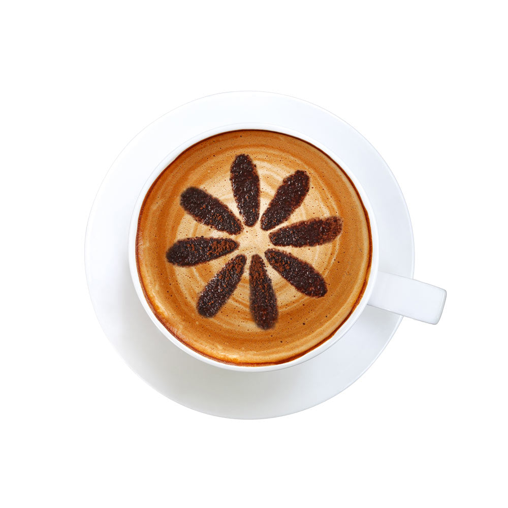 Aerial view of a cappuccino with flower latte art in a white cup - coffee stencil - Brillante