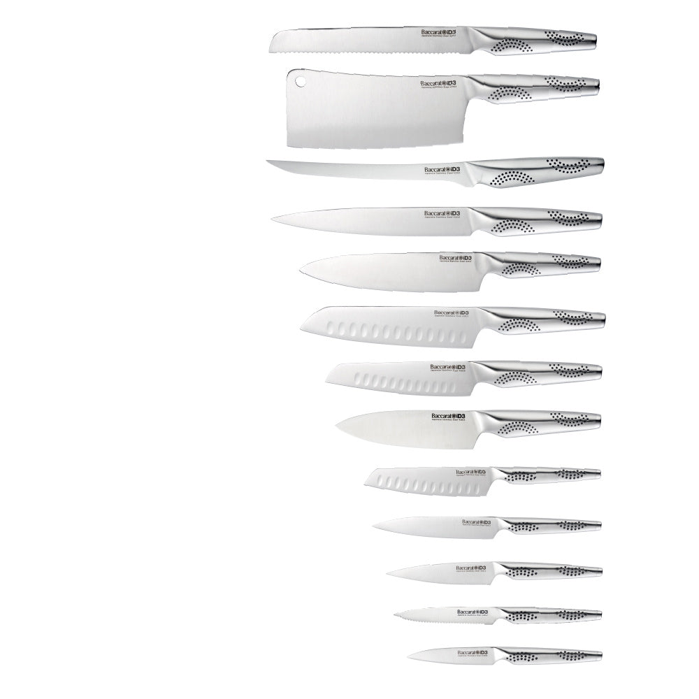 A close-up of a silver stainless steel knife on a wooden cutting board stainless steel knife - Kachi