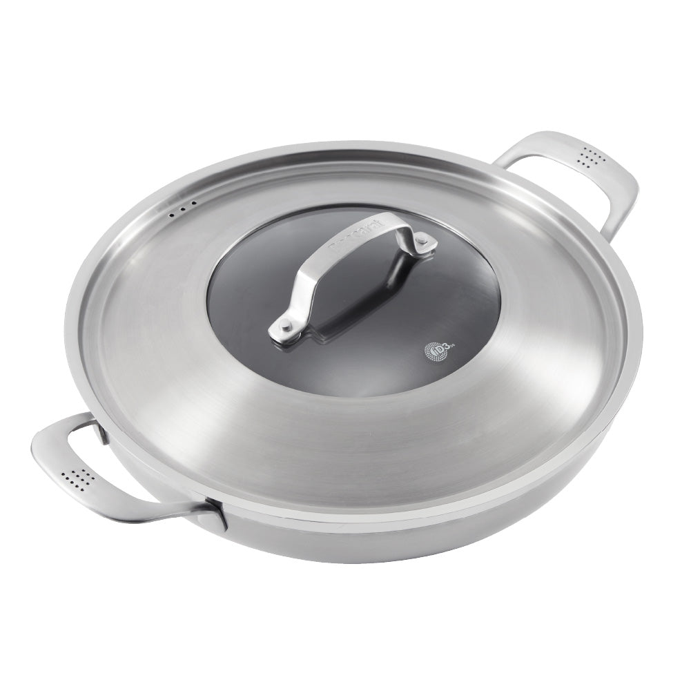 Meal setting with meatball sandwich beer and greens grey cookware 32cm saute pan with lid - Baccarat