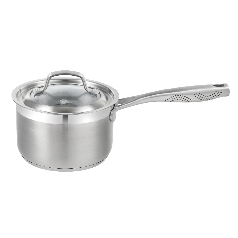 A stainless steel pot with a lid on wooden surface silver cookware 16cm saucepan with lid - Baccarat