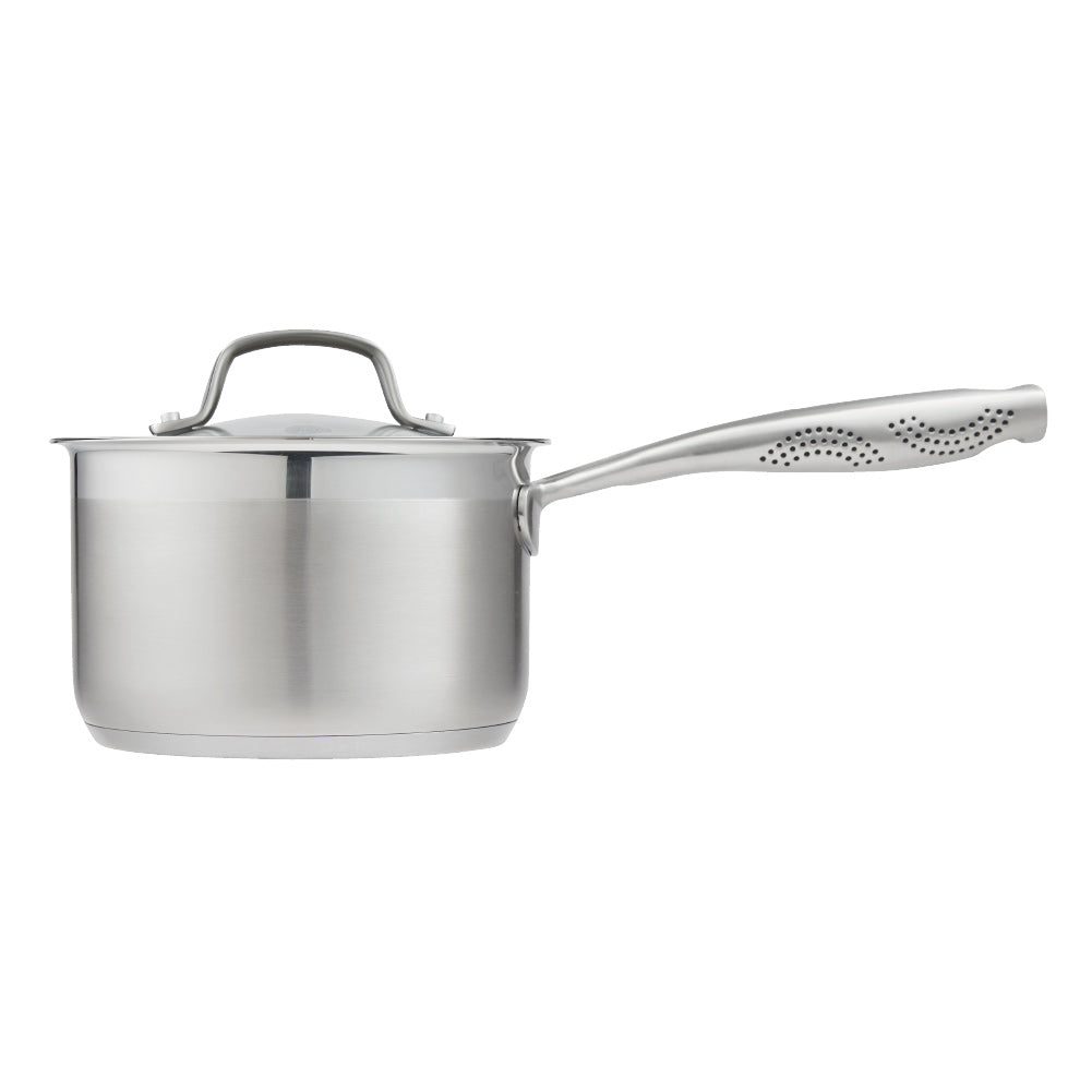A stainless steel pot with a lid on wooden surface silver cookware 16cm saucepan with lid - Baccarat