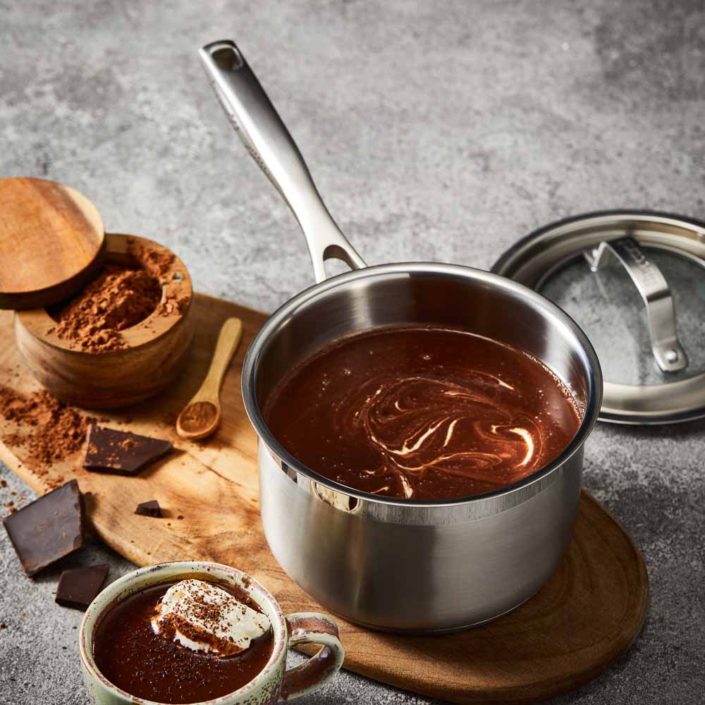 A stainless steel pot with a lid on wooden surface silver cookware 16cm saucepan with lid - Baccarat