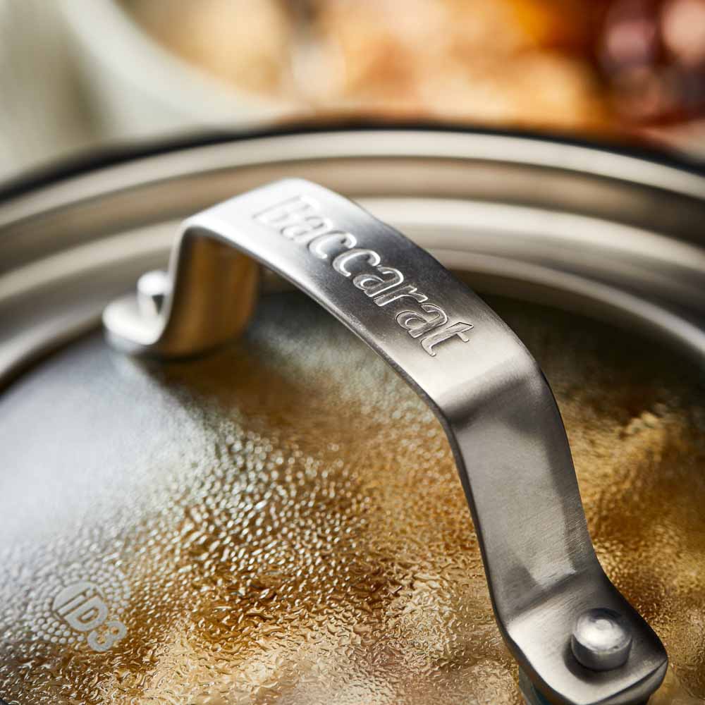 Five stainless steel cookware pieces with vegetables on a kitchen counter 24cm stockpot - Baccarat
