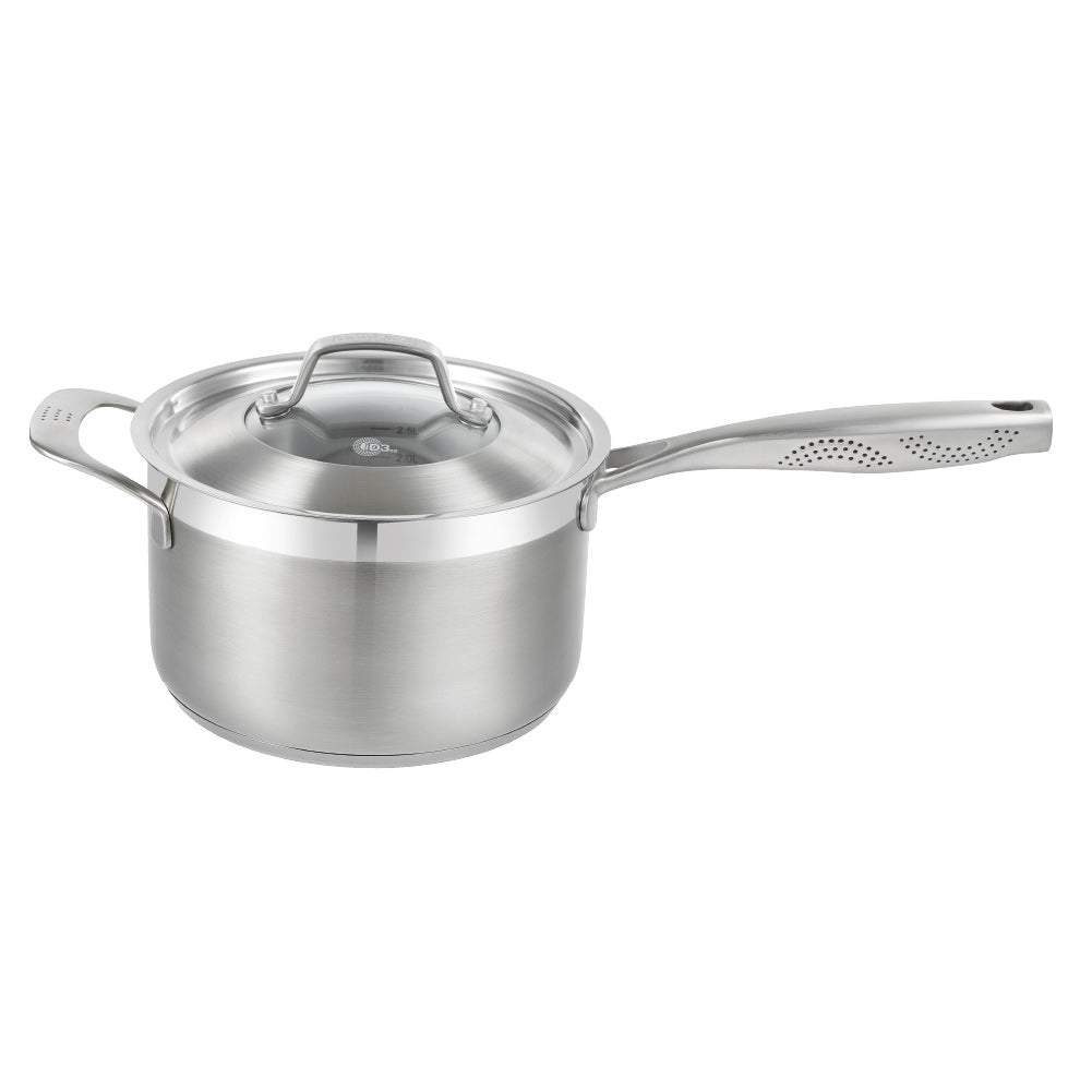 stainless steel saucepan 20cm pot of soup on a wooden board beside black bowl of noodles - Baccarat