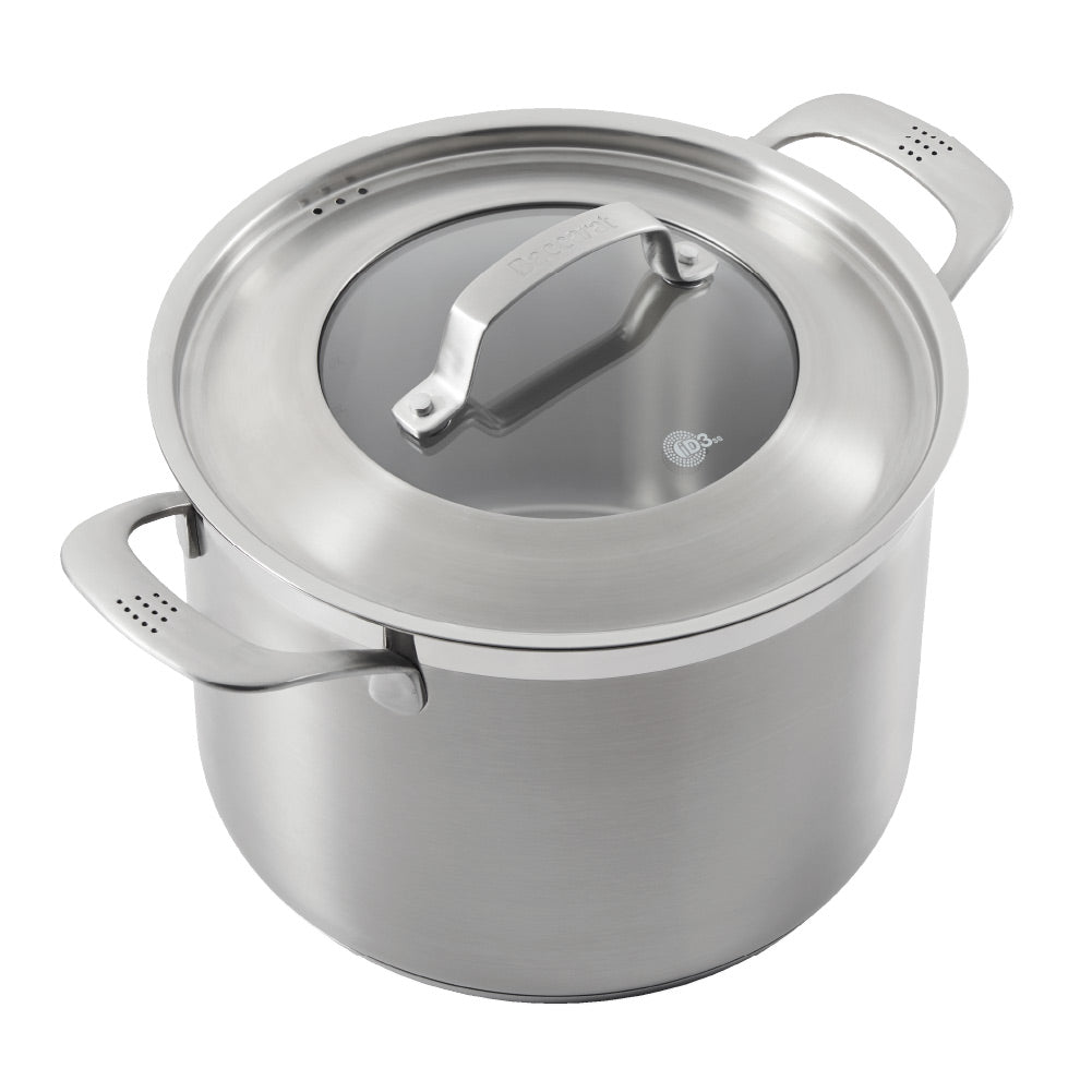 Close-up of a stainless steel pot lid with a handle and steam holes modern cookware 24cm - Baccarat