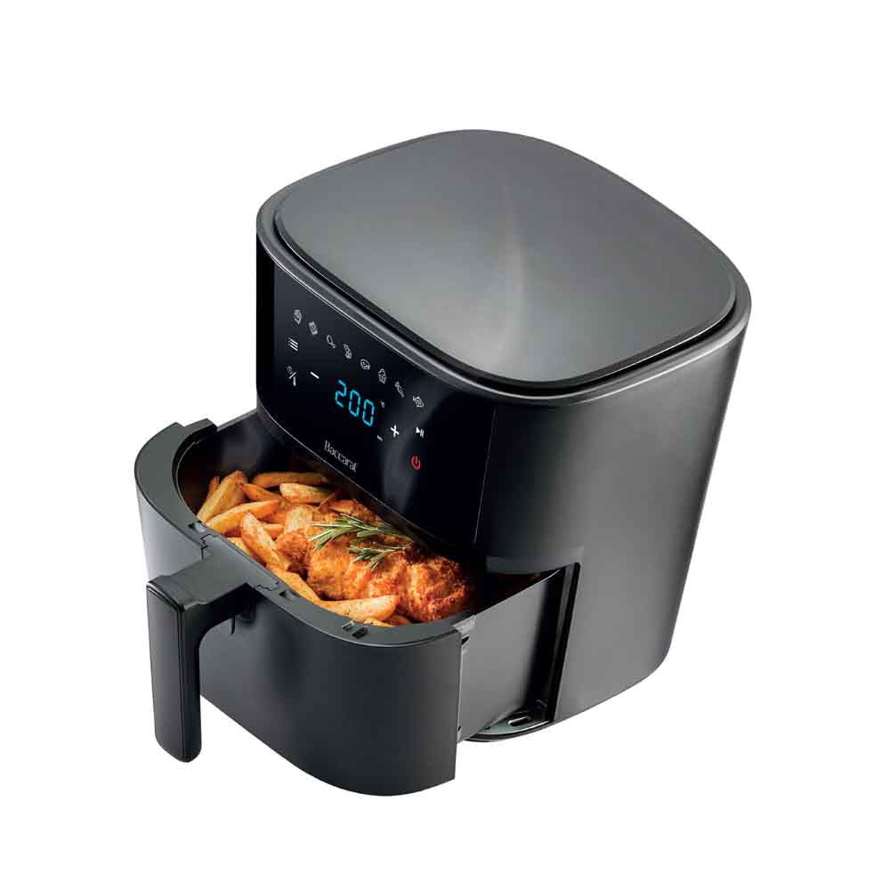A black air fryer with digital display sits on a marble countertop - Baccarat Compact Air Fryer 5 7l