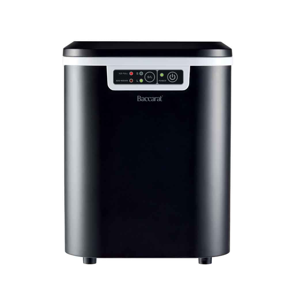 Close-up of the Baccarat The Ultimate Frost Ice Cube Maker with ice cubes and white control buttons