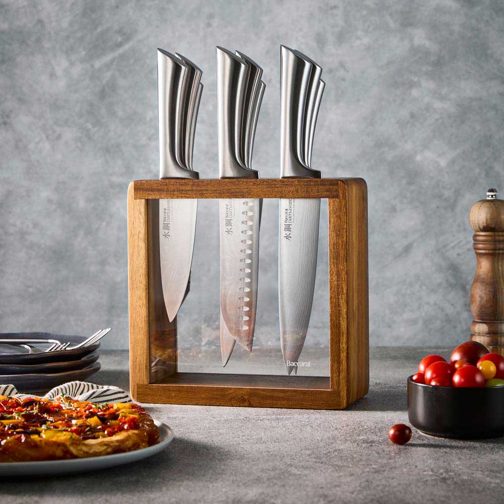 Sleek knife block set with stainless steel knives in a wooden case culinary chef's choice - Baccarat