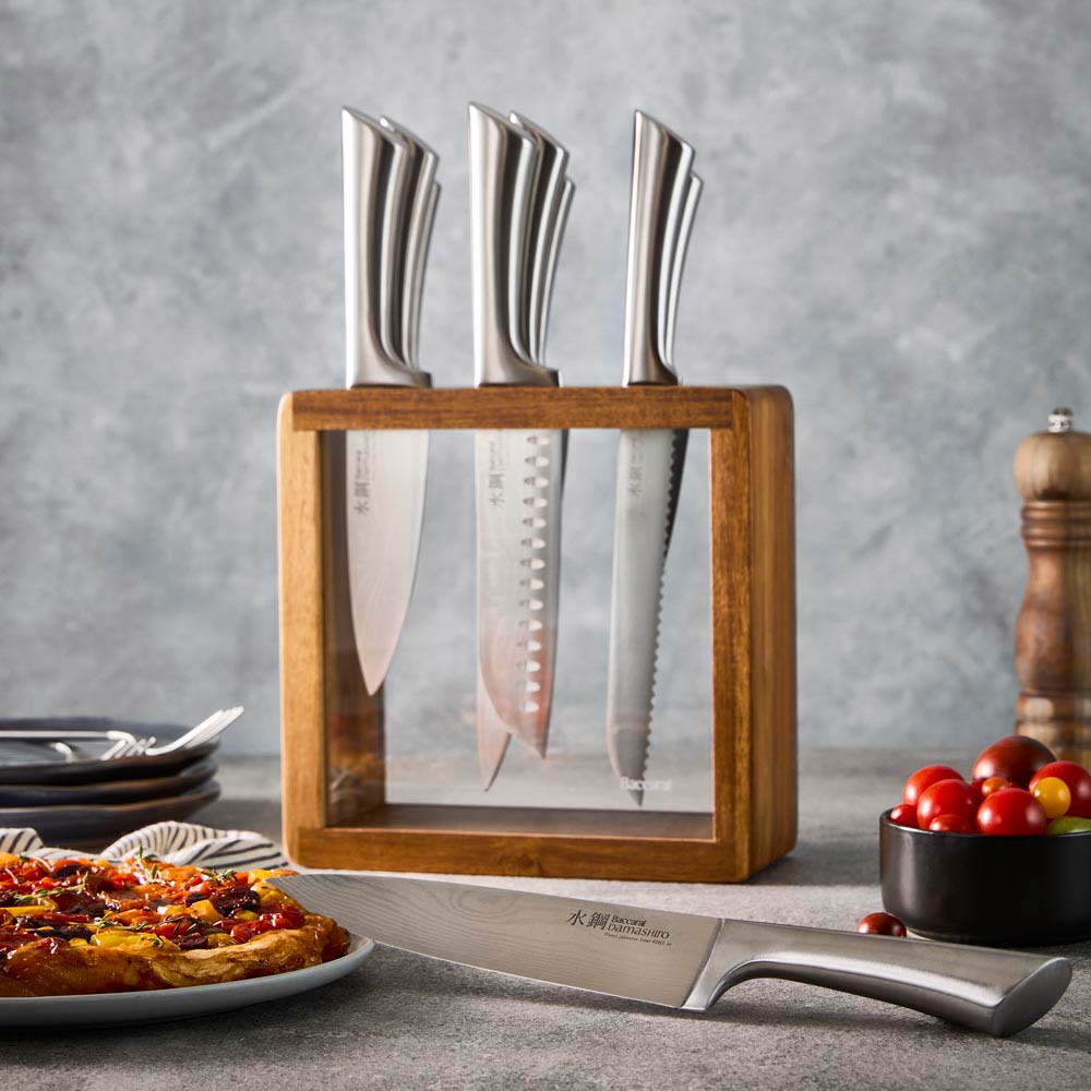 Sleek knife block set with stainless steel knives in a wooden case culinary chef's choice - Baccarat
