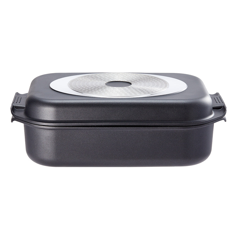 Sleek rectangular black roasting pan with stainless steel lid non-stick surface - Damashiro Kire