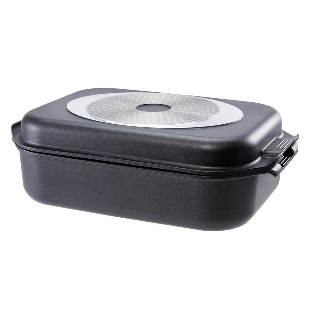 Sleek rectangular black roasting pan with stainless steel lid non-stick surface - Damashiro Kire