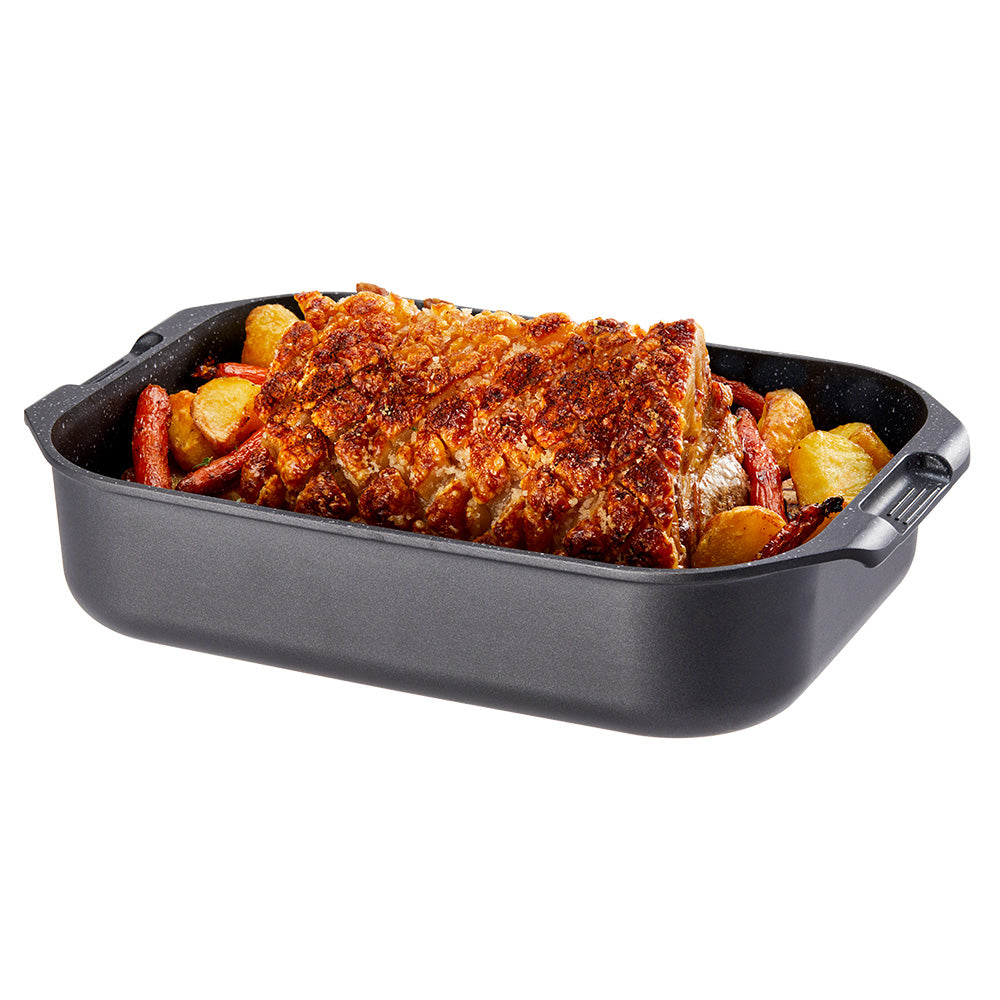Sleek rectangular black roasting pan with stainless steel lid non-stick surface - Damashiro Kire