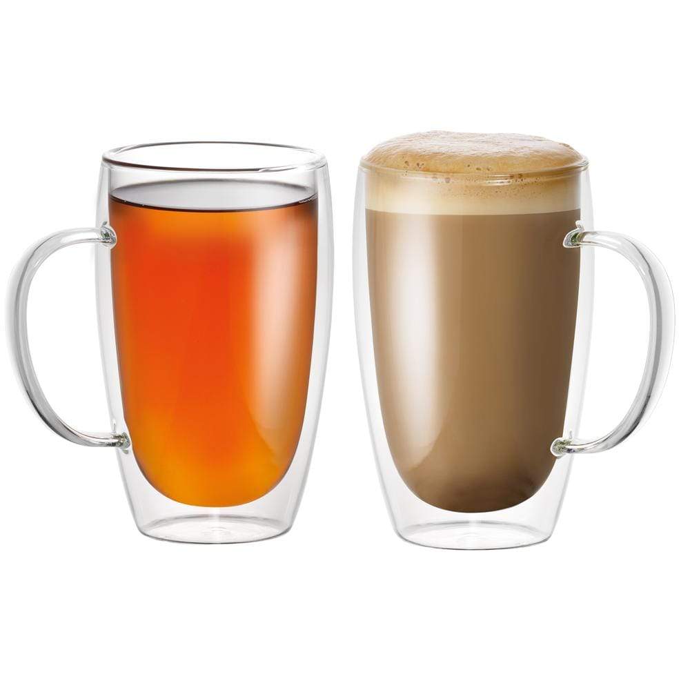 Two glass mugs of creamy iced coffee being poured against a dark background red casserole - Baccarat