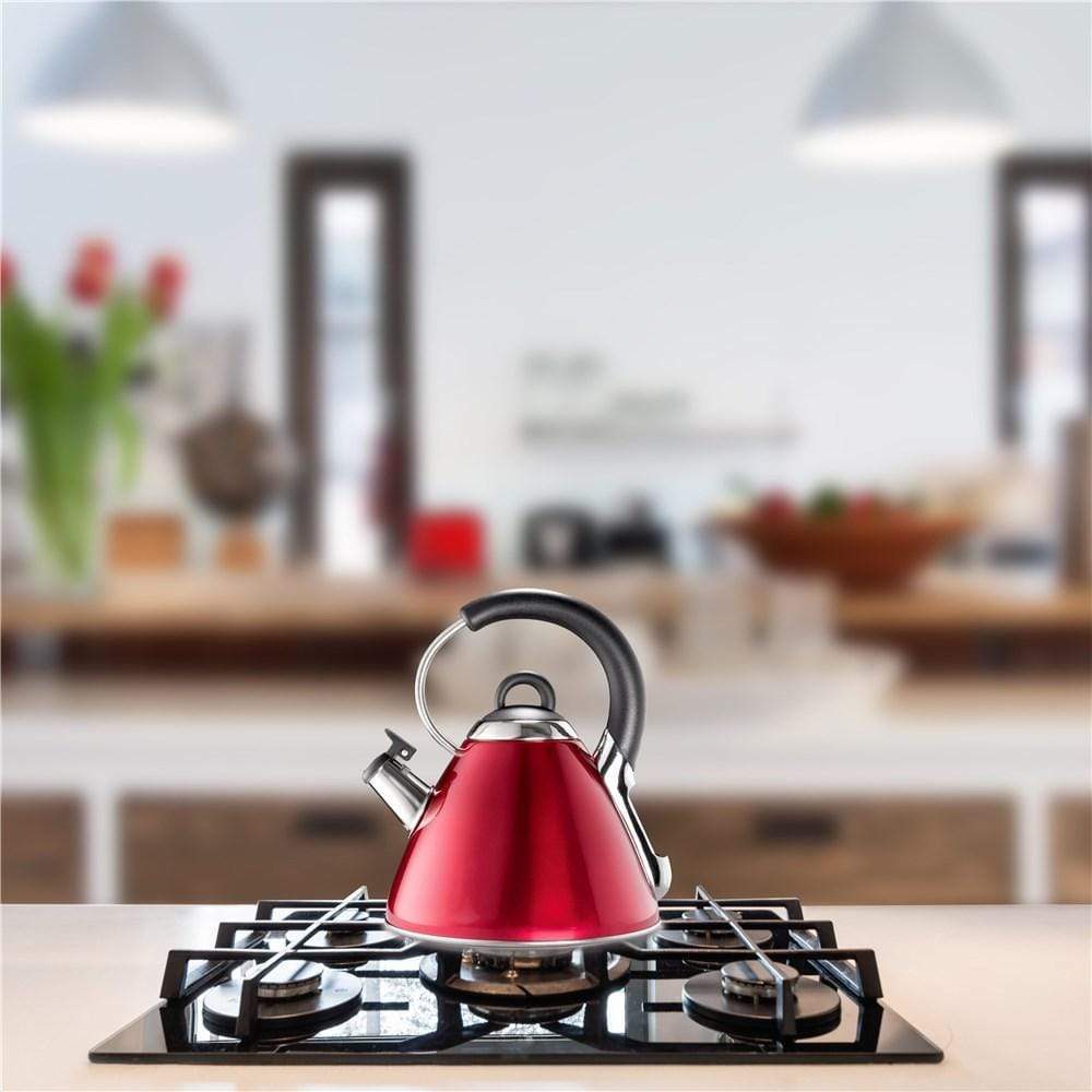 shiny red whistling kettle with silver spout and black handle - Baccarat barista italico stovetop