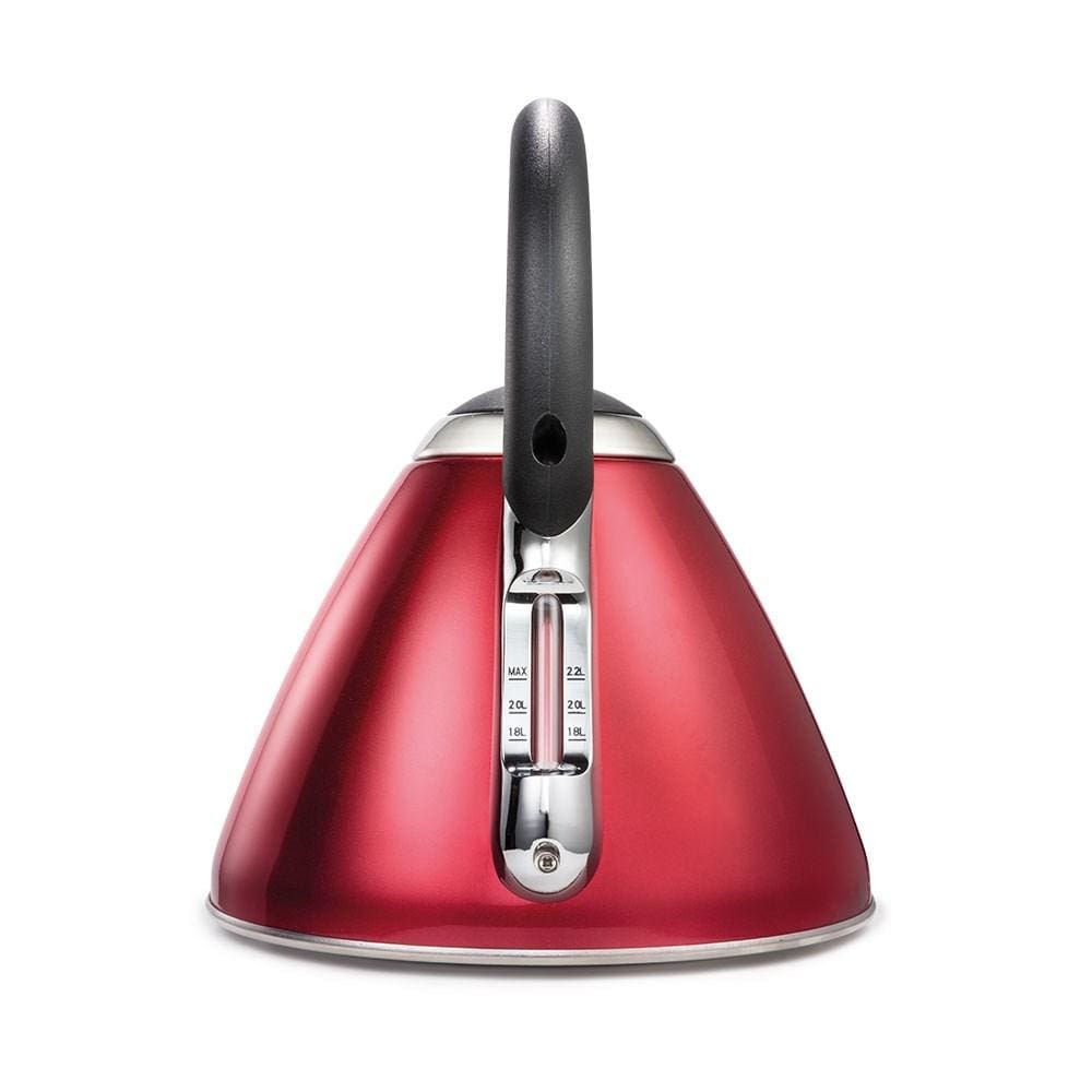 shiny red whistling kettle with silver spout and black handle - Baccarat barista italico stovetop