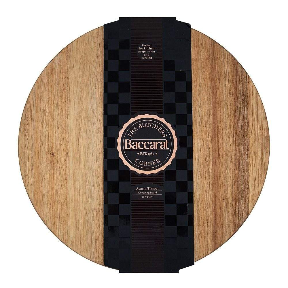 Acacia round cutting board with natural grain texture light brown color - Baccarat butchers corner