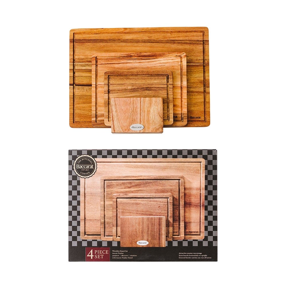 Four Baccarat Butchers Corner cutting boards in assorted sizes ideal for kitchen use in brown colour