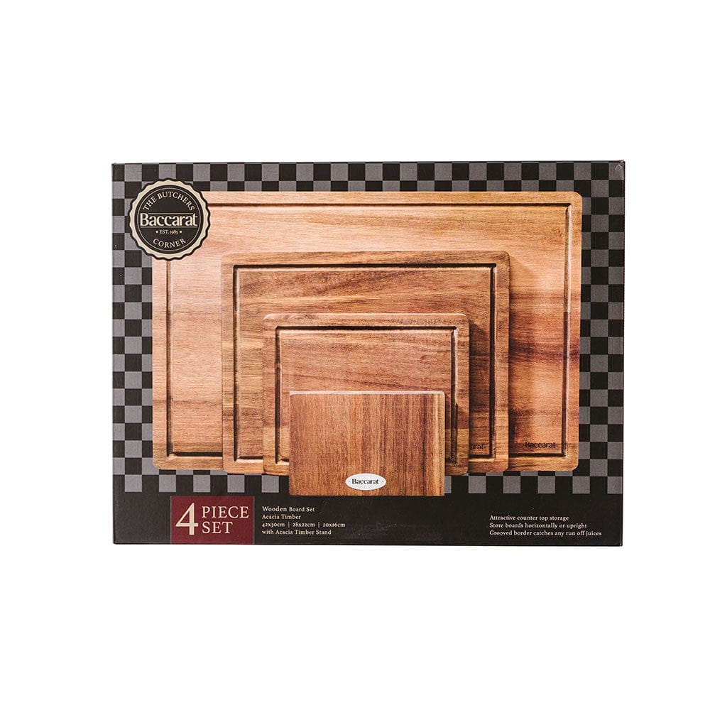 Four Baccarat Butchers Corner cutting boards in assorted sizes ideal for kitchen use in brown colour