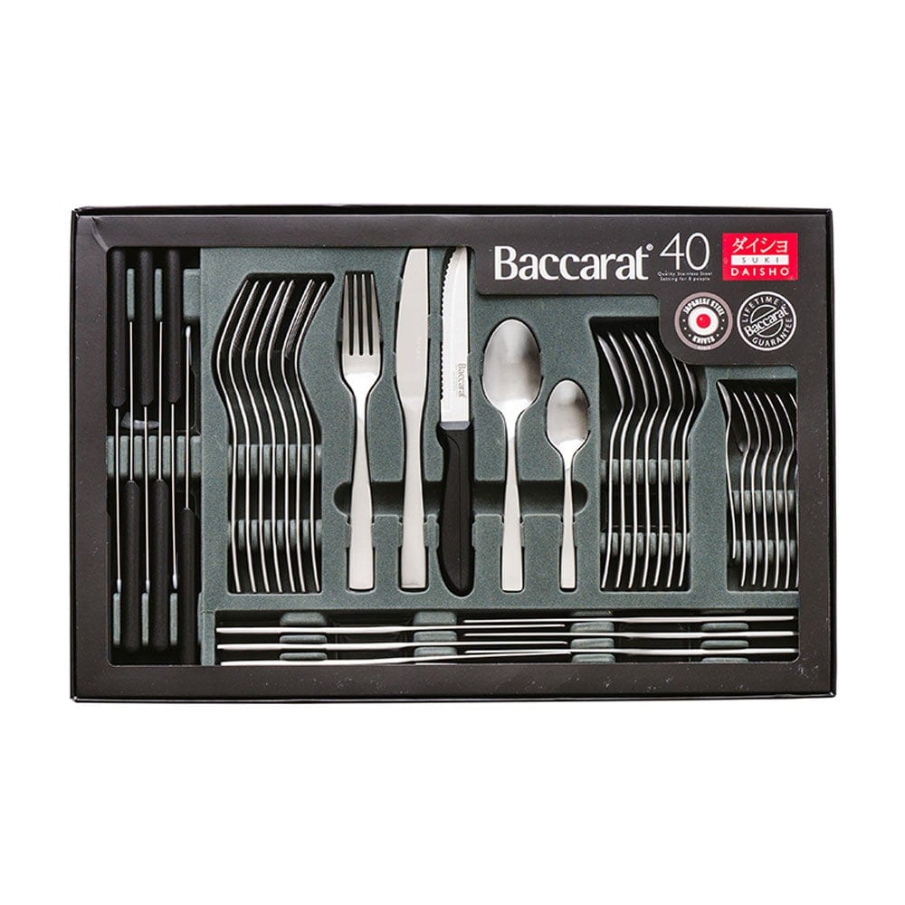 elegant polished silver stainless steel cutlery set with sleek black handles - Baccarat Daisho Suki