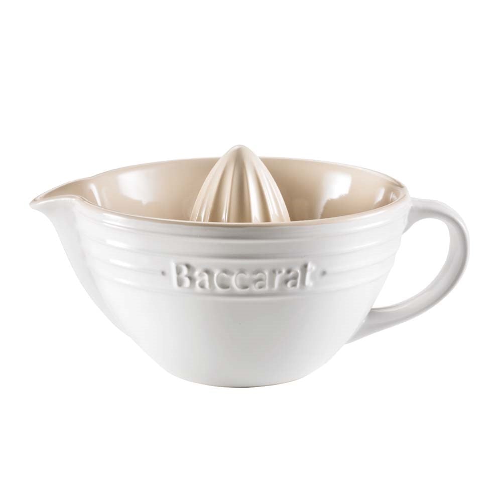 sleek white citrus juicer with spout and handle beside elegant packaging - Baccarat le connoisseur