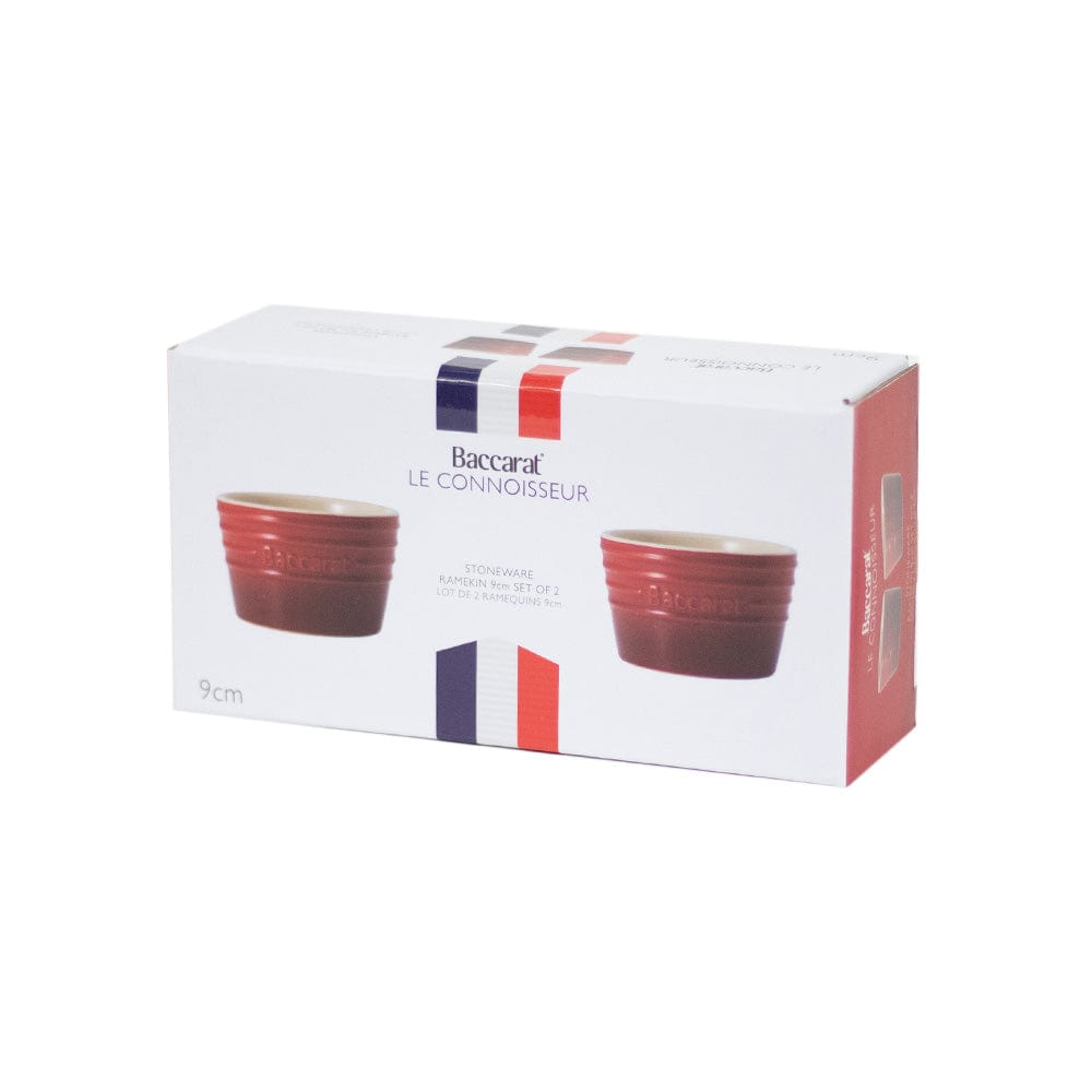 Two 9cm red stoneware ramekins elegantly displayed on a blue background - Baccarat