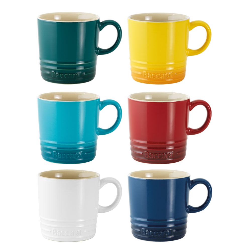 Six Baccarat le Connoisseur Stoneware mugs in vibrant colours blue yellow green red white turquoise