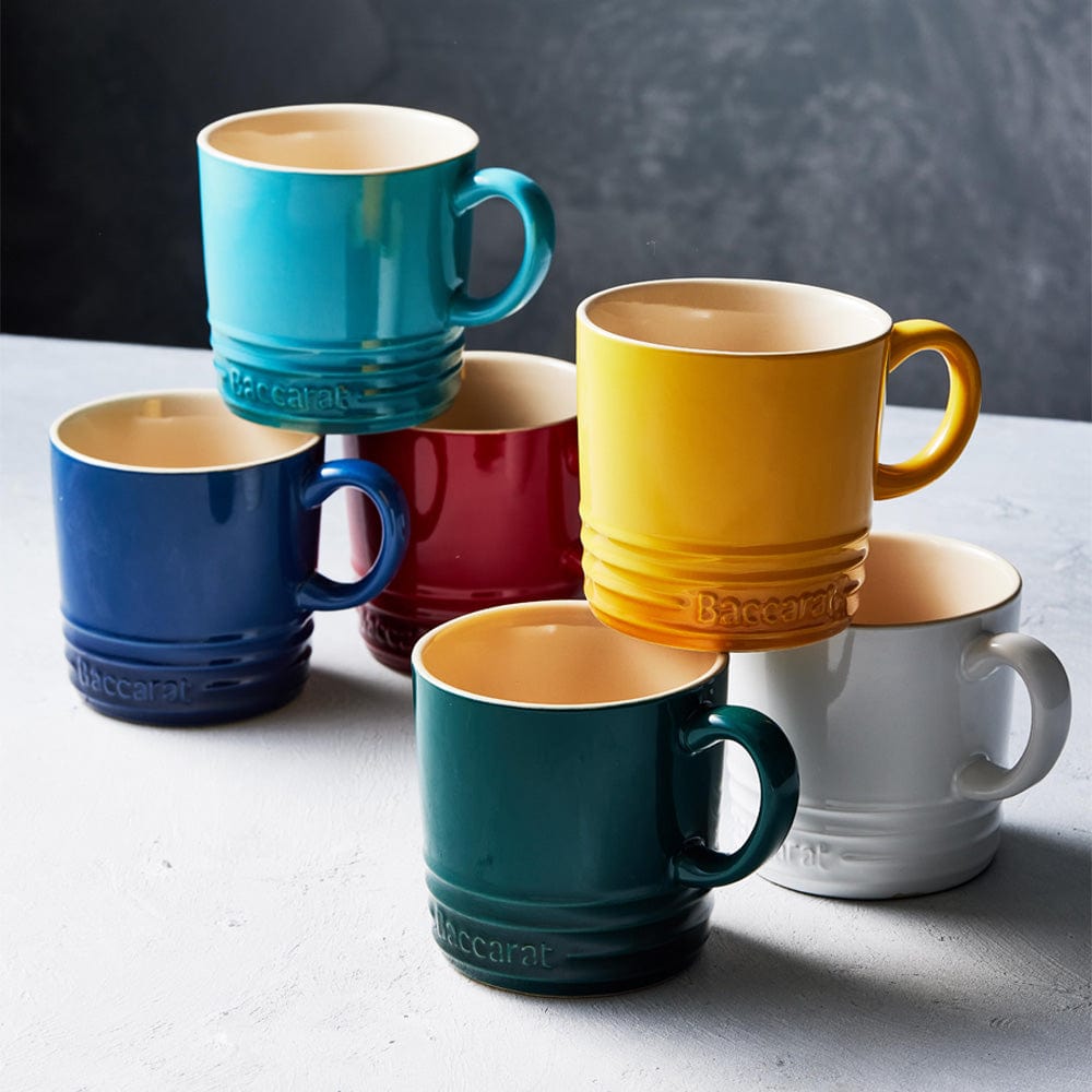 Six Baccarat le Connoisseur Stoneware mugs in vibrant colours blue yellow green red white turquoise