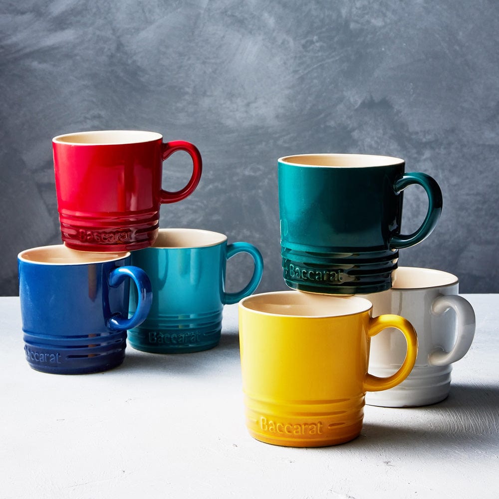 Six Baccarat le Connoisseur Stoneware mugs in vibrant colours blue yellow green red white turquoise