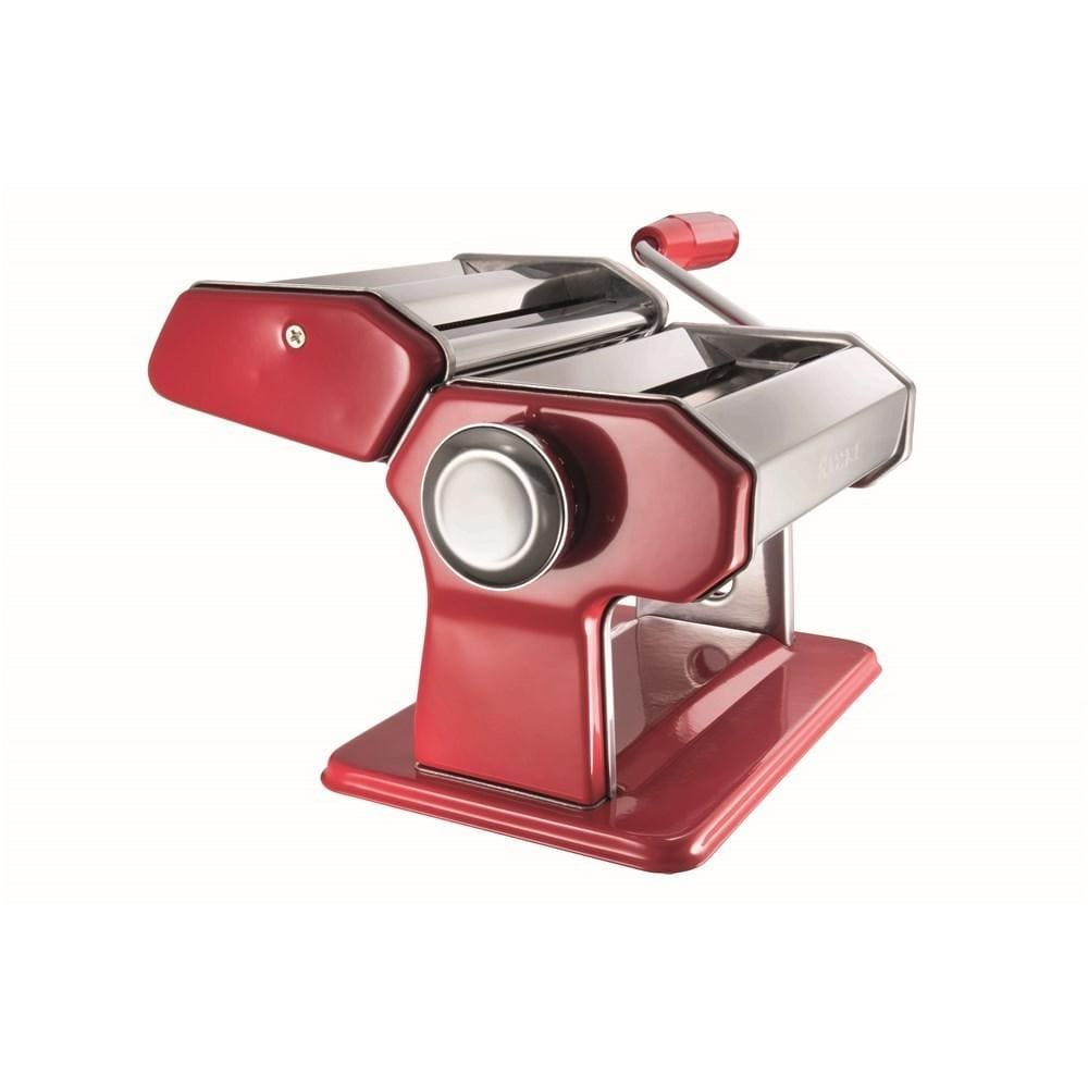 Fresh pasta being produced with surrounding pasta pieces - red Baccarat pasta machine 150mm ii
