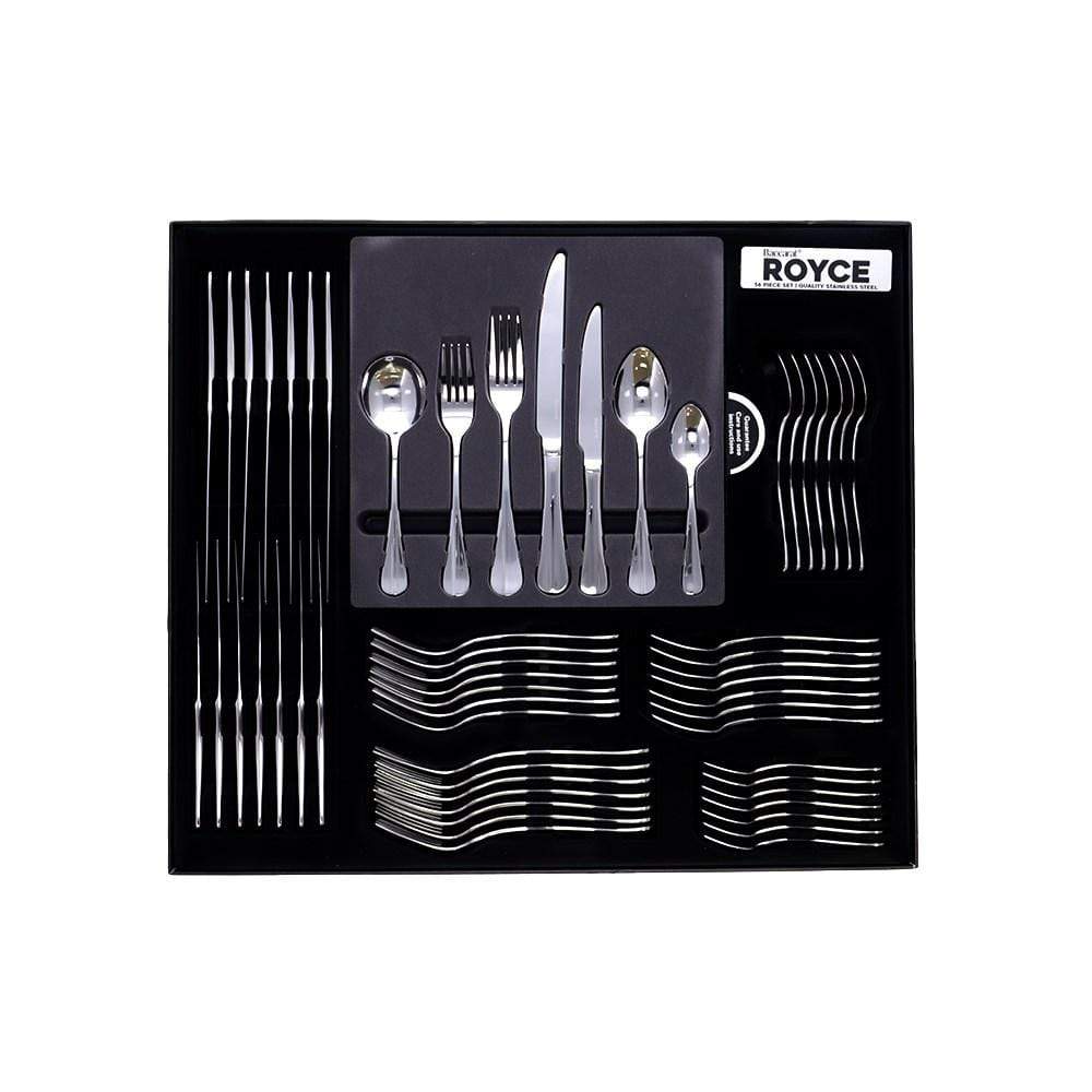 Elegant stainless steel cutlery pieces arranged with forks knives and spoons - Baccarat Royce