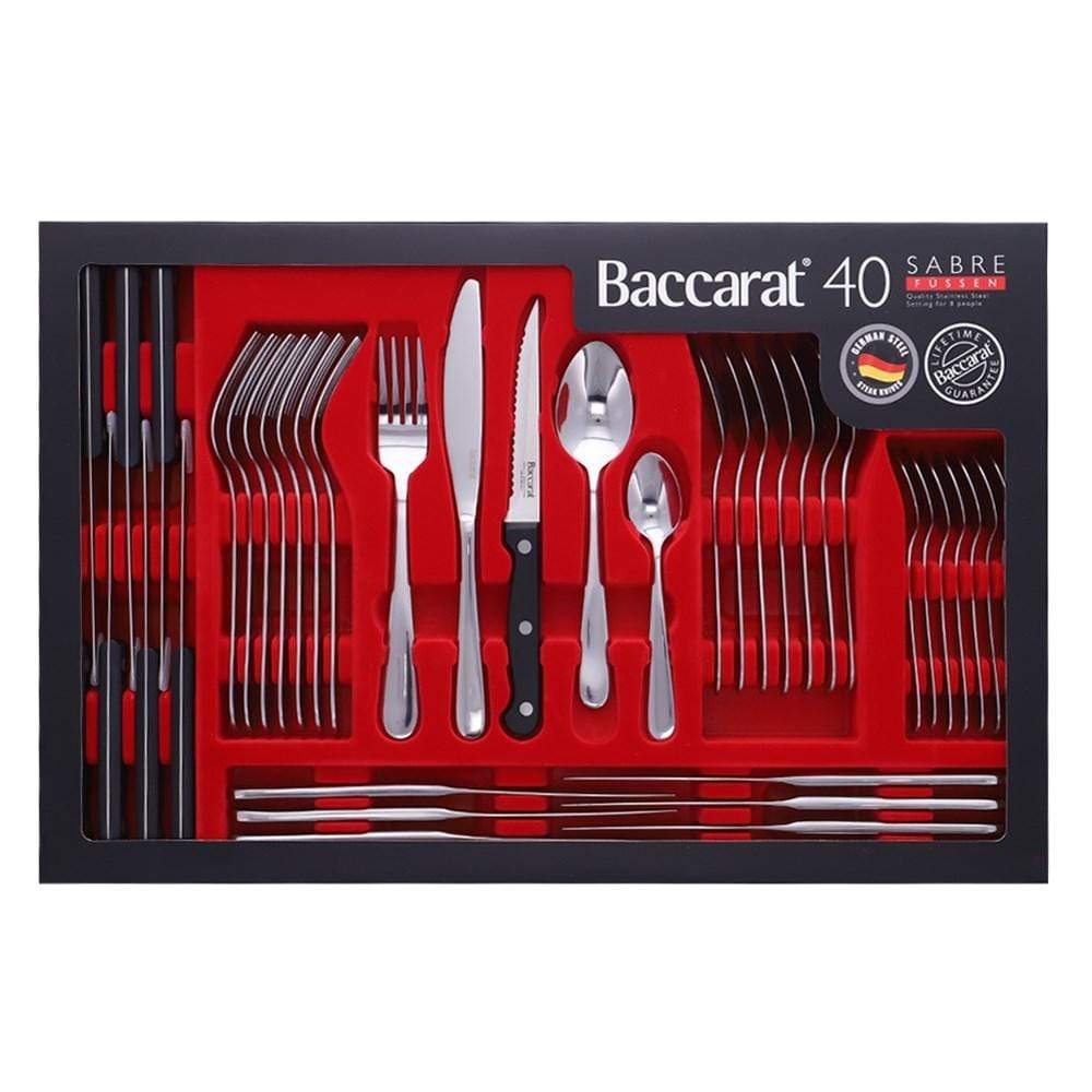 Elegant sabre Fussen 40 piece stainless cutlery set beautifully displayed on dark surface - Baccarat
