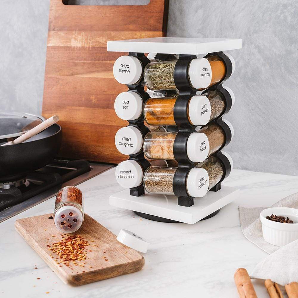 rotating spice rack with 16 jars in white ideal for kitchen organization - Baccarat spice market