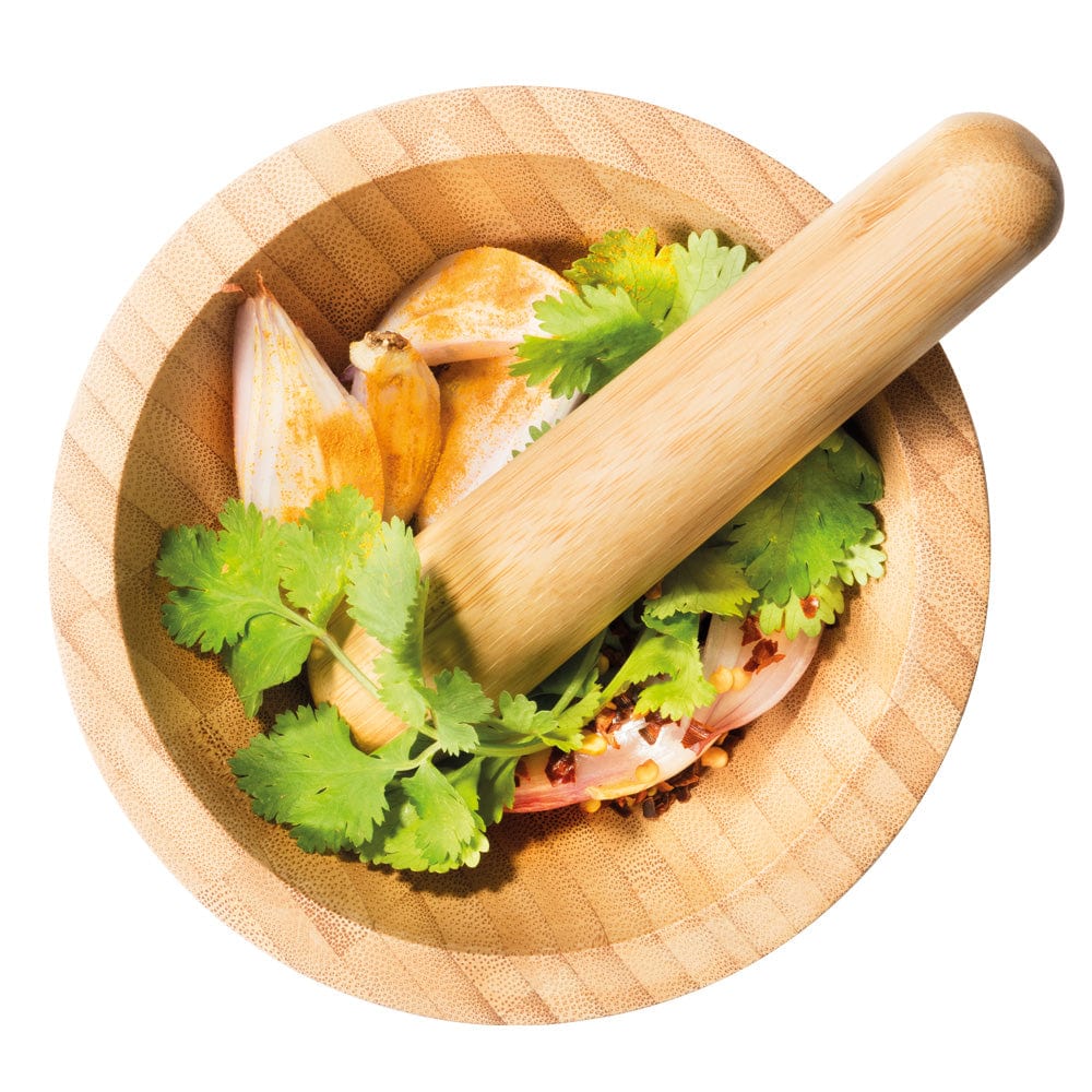 bamboo mortar and pestle set in box natural wood finish kitchen tool - Baccarat Spice Market Bosco