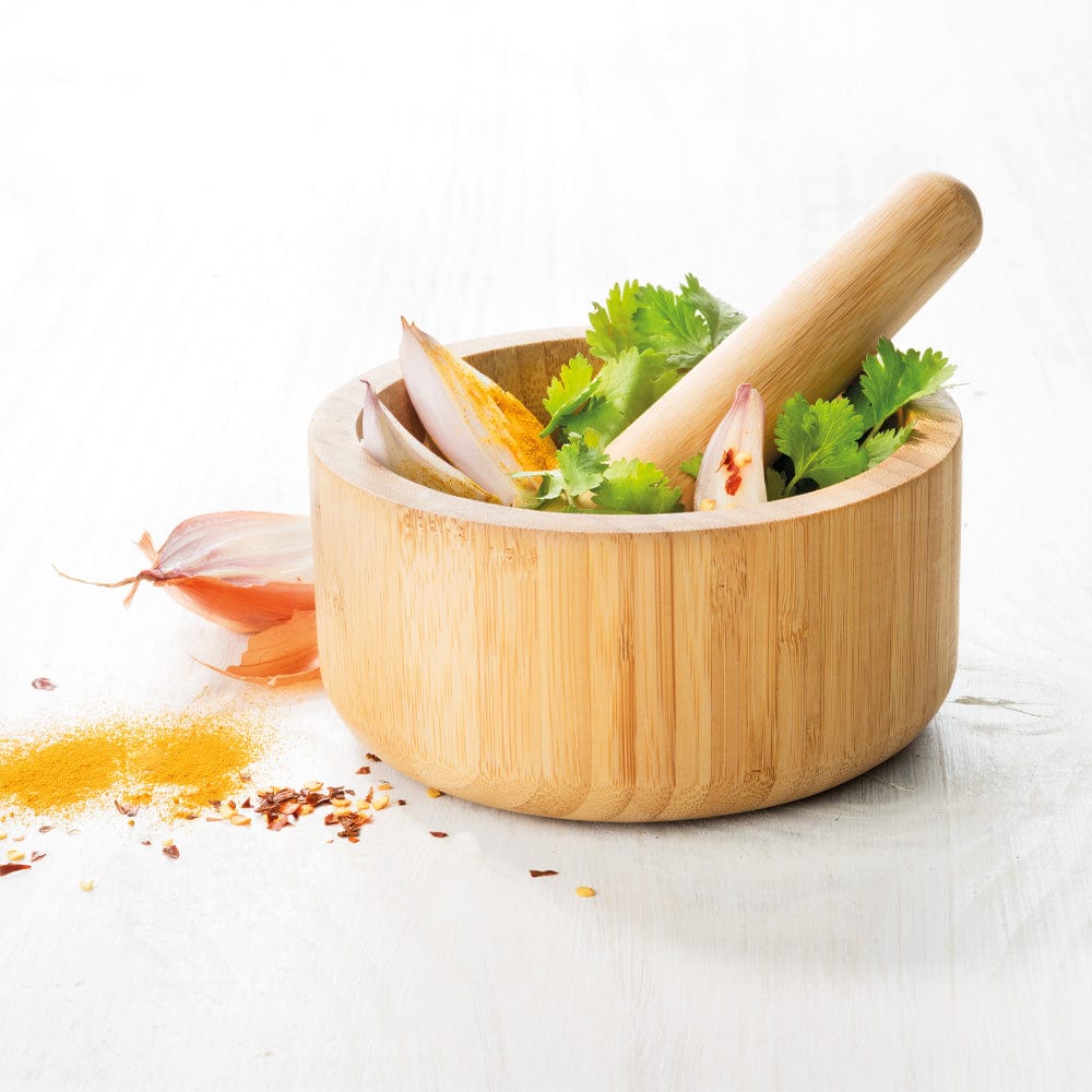bamboo mortar and pestle set in box natural wood finish kitchen tool - Baccarat Spice Market Bosco