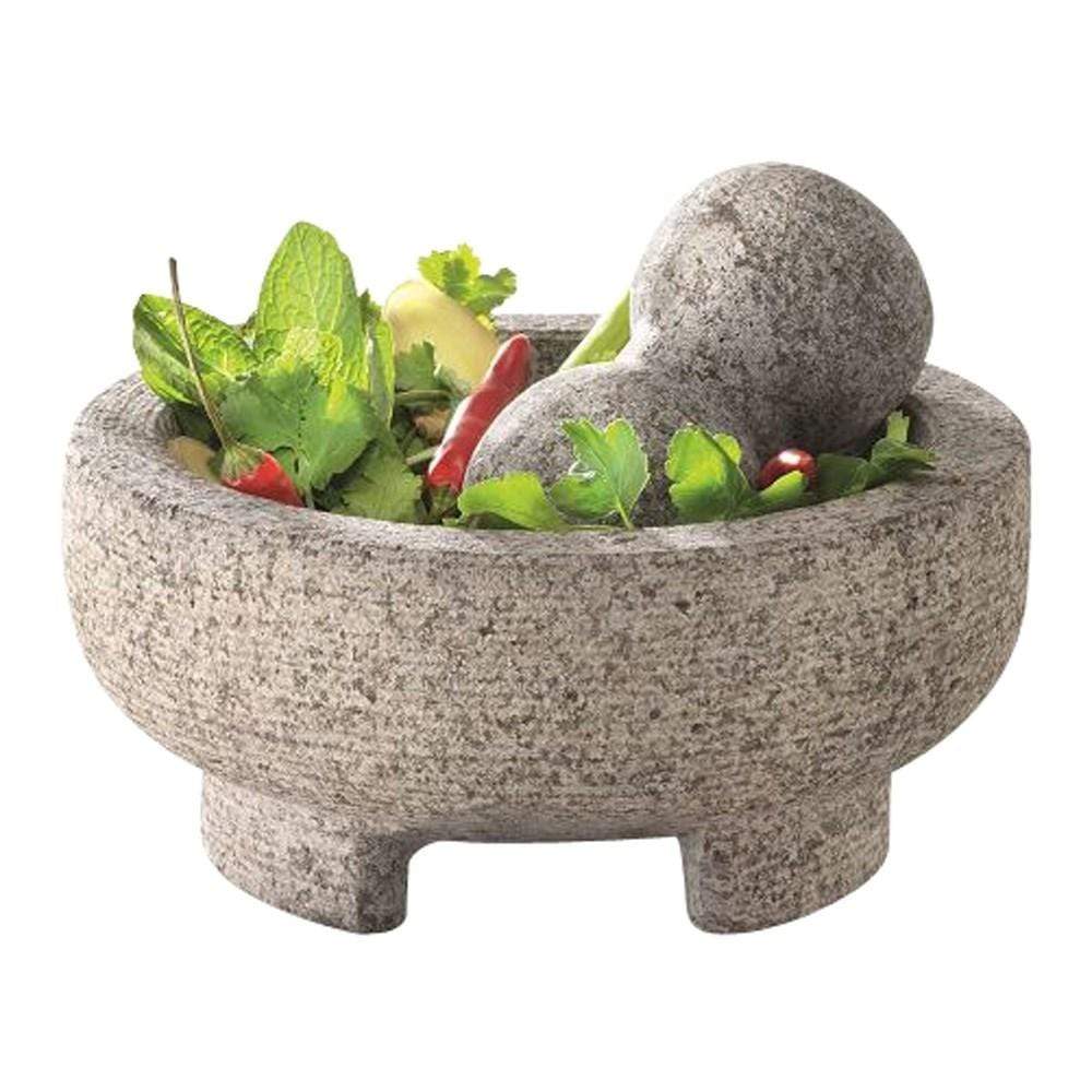 Vibrant vegetables and fresh herbs in mortar and pestle grey stone - Baccarat spice market delos