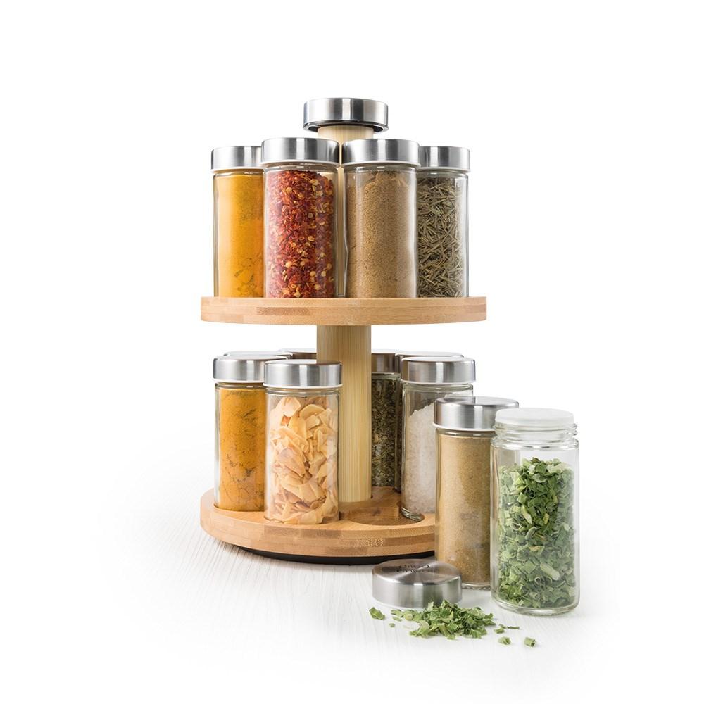 Rotating bamboo spice rack with 16 glass jars filled with spices - Baccarat spice market essence