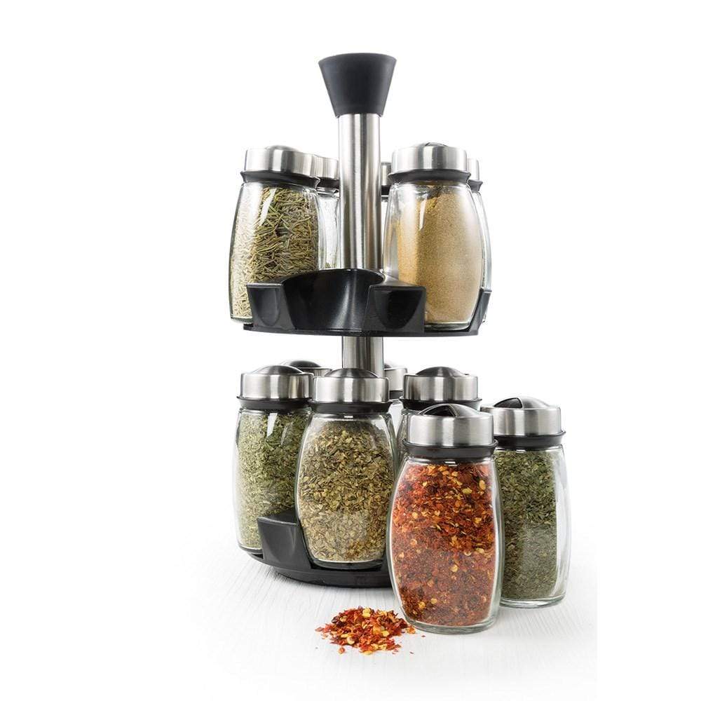Gusto rotating spice rack with 12 glass jars elegant design black and stainless steel - Baccarat