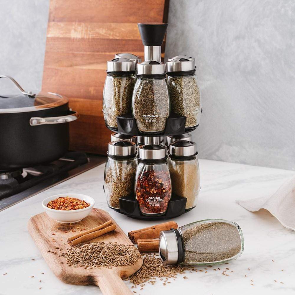 Gusto rotating spice rack with 12 glass jars elegant design black and stainless steel - Baccarat
