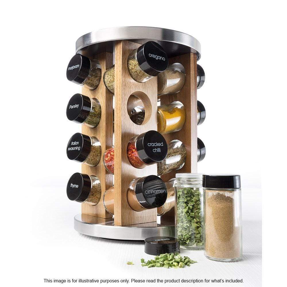 Stainless steel spice rack with 16 jars displaying vibrant spices on a kitchen countertop - Baccarat