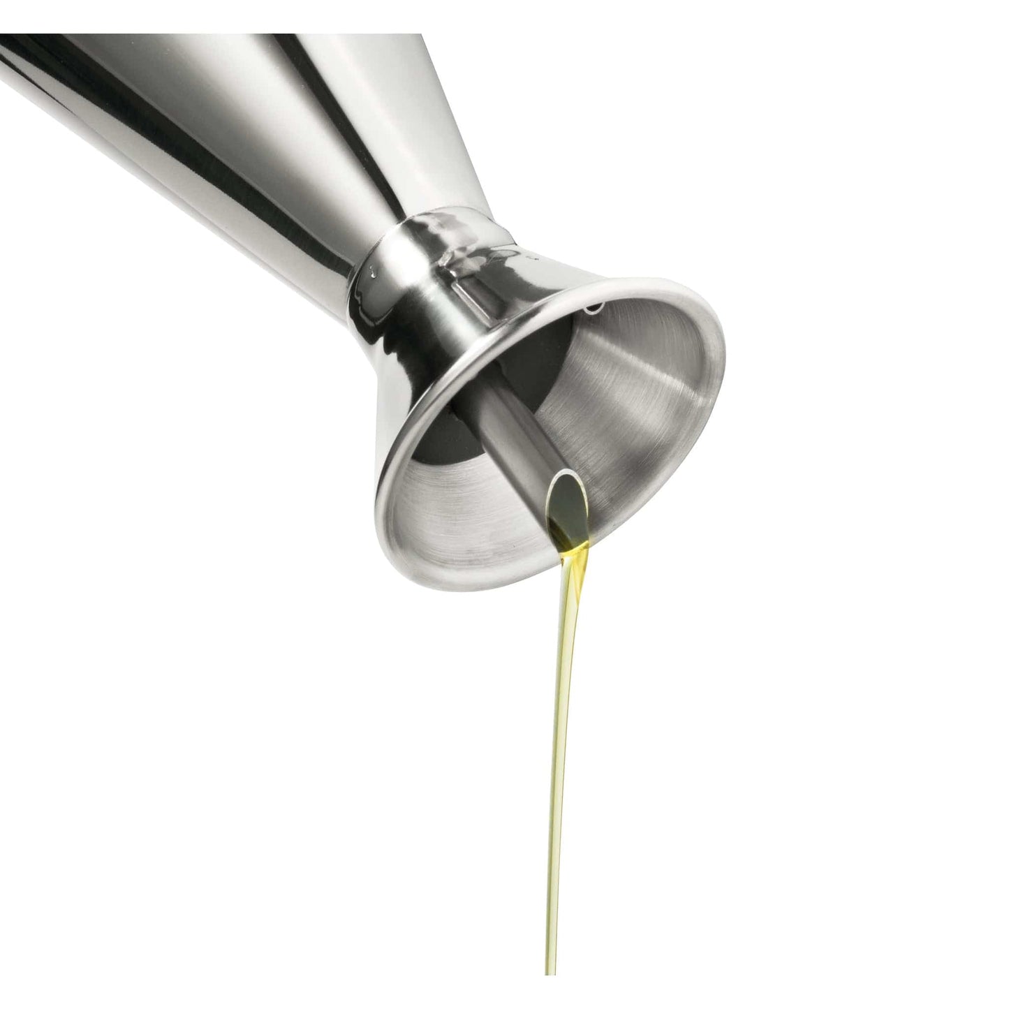 A polished stainless steel oil bottle elegantly drizzling golden olive oil - Baccarat spice market