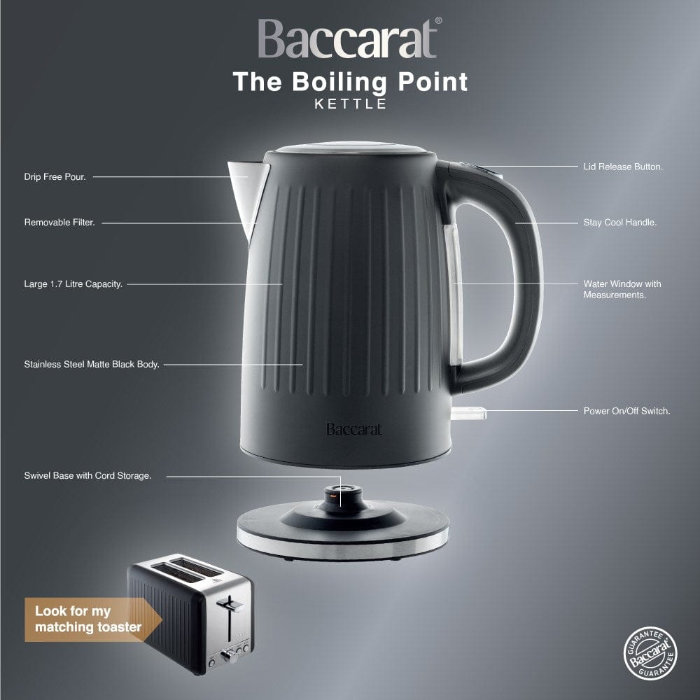 Black kettle pours hot water into a white cup beside a pastry plate - Baccarat Boiling Point Kettle