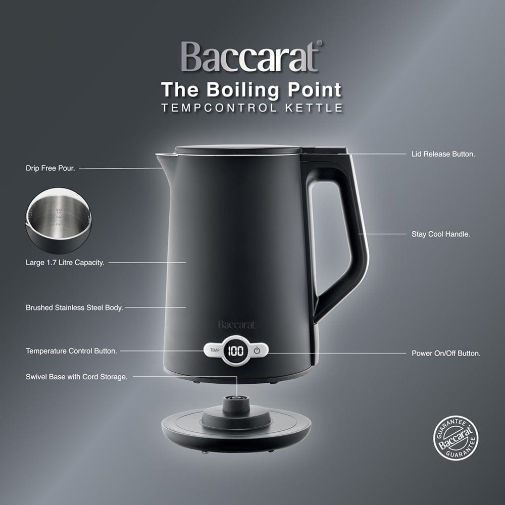 electric kettle on kitchen counter with cup saucer and plate of toast black kettle - Baccarat