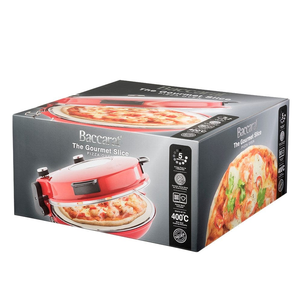 Red gourmet slice pizza oven with temperature dial beside a plant and tomato sauce bottle - Baccarat