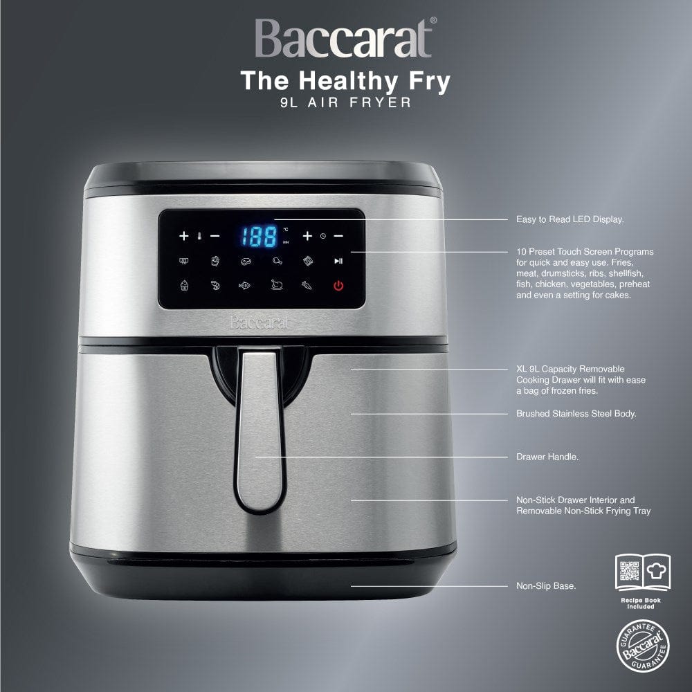 Cooked chicken in drawer of air fryer with digital display - Baccarat the healthy fry 9l air fryer