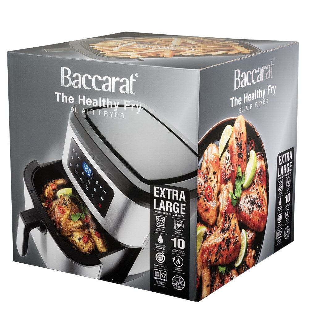 Cooked chicken in drawer of air fryer with digital display - Baccarat the healthy fry 9l air fryer