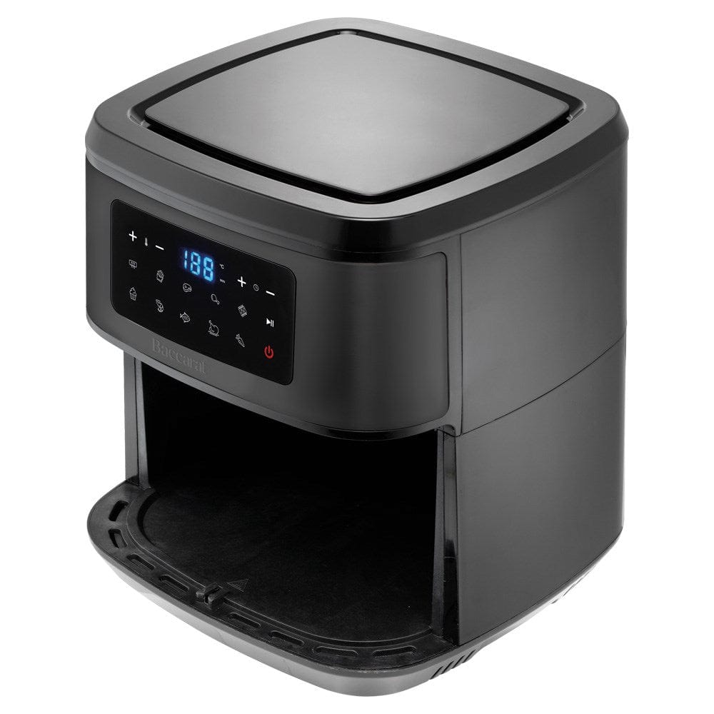 A digital air fryer with a sleek design and touchscreen display showing 180 degrees black - Baccarat