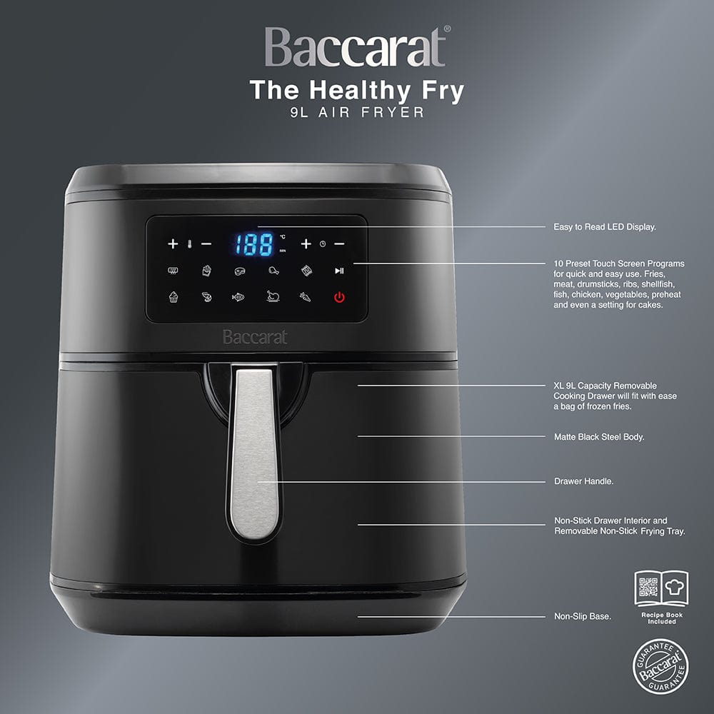 A digital air fryer with a sleek design and touchscreen display showing 180 degrees black - Baccarat