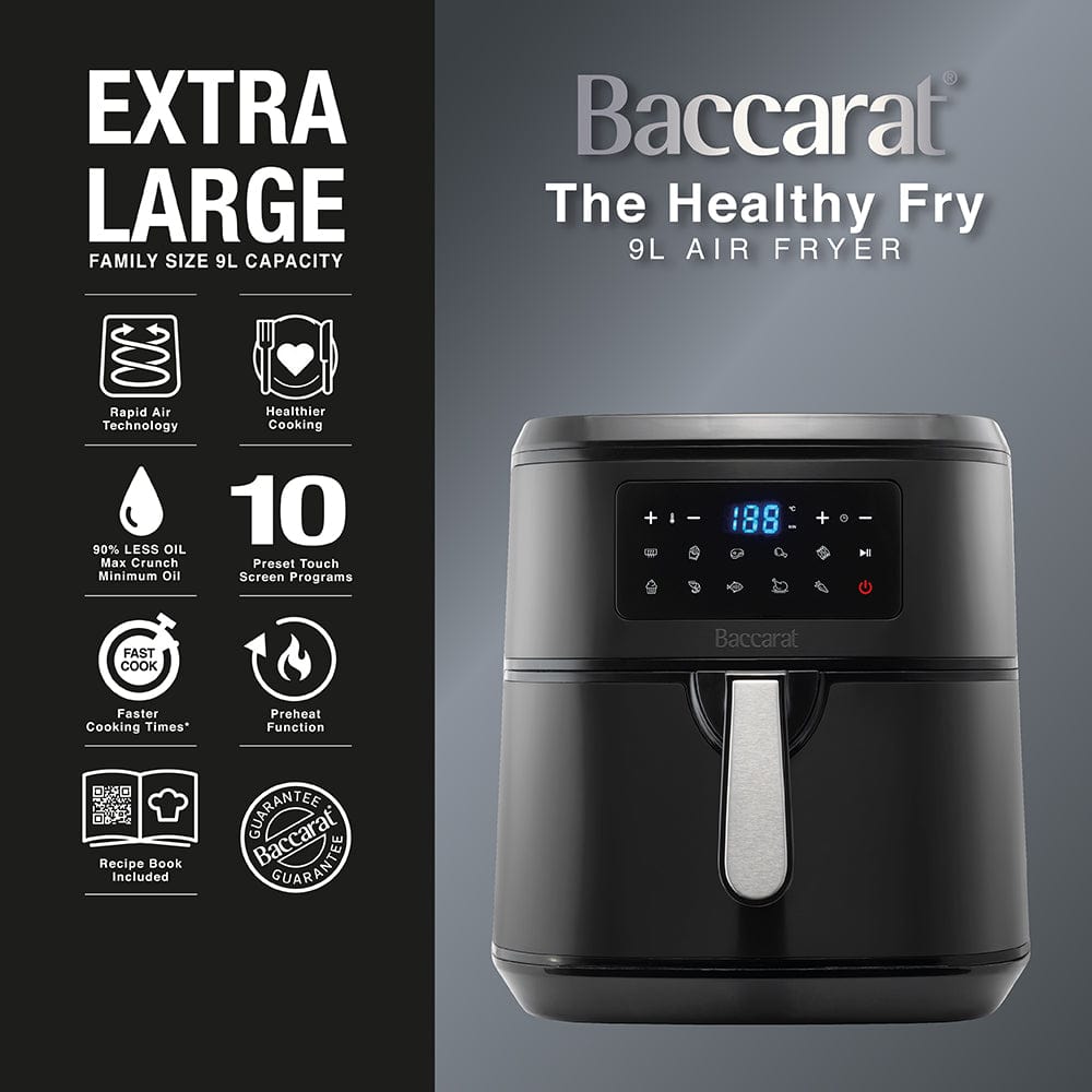 A digital air fryer with a sleek design and touchscreen display showing 180 degrees black - Baccarat